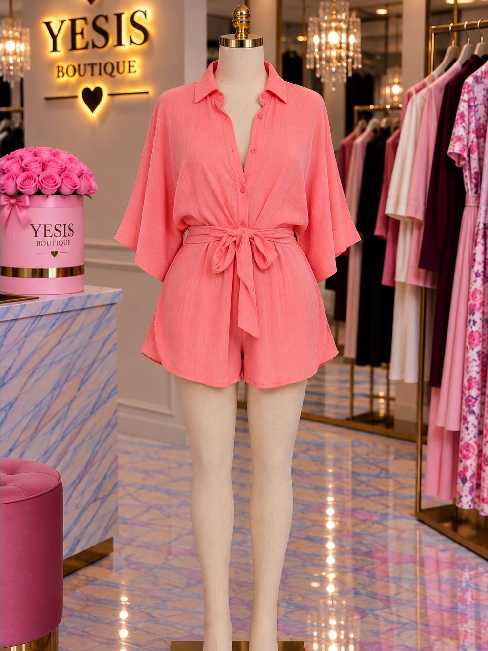 Fashion Nova Coral Tie-Waist Romper Pajama